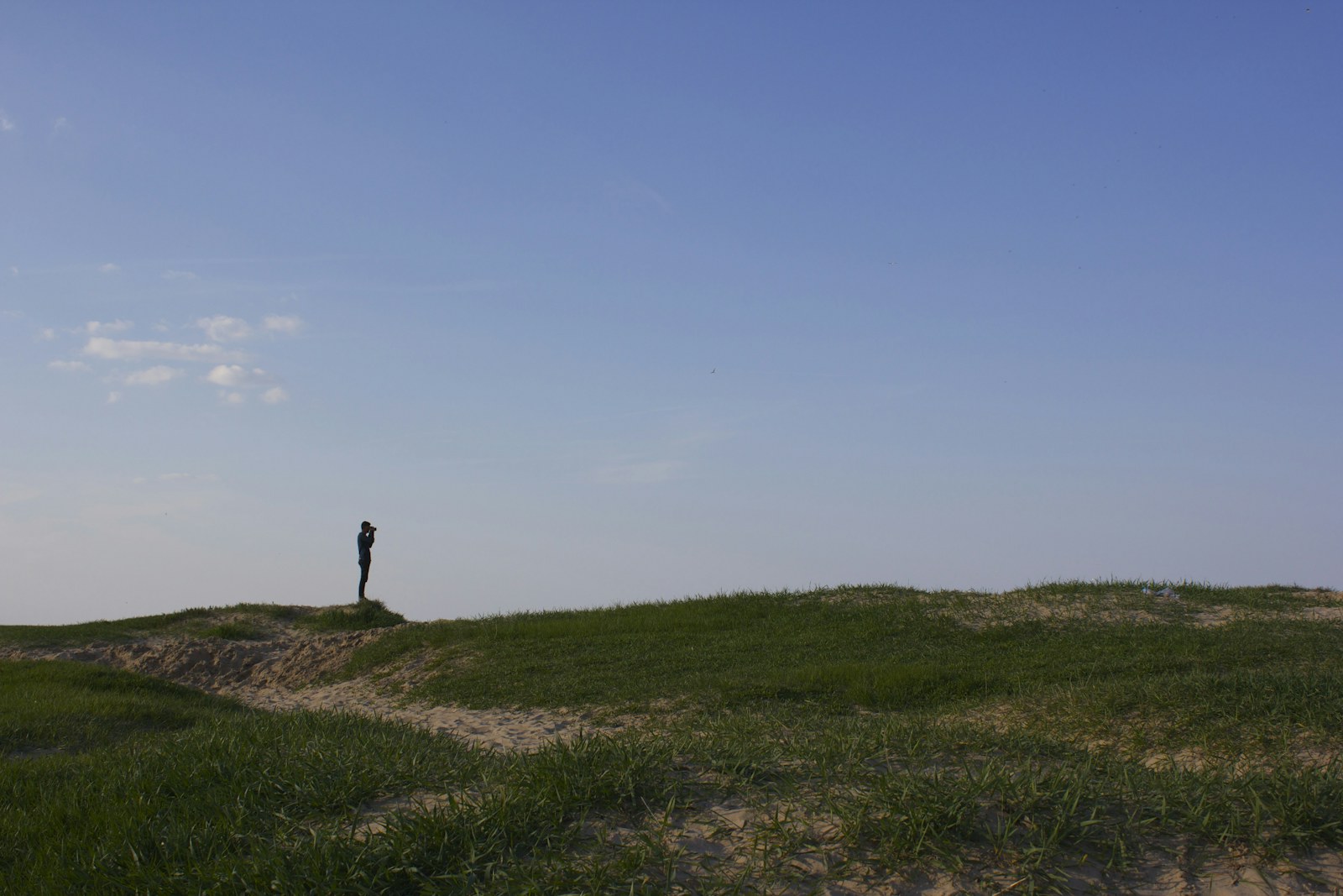 A person standing alone in a wide green field under an open sky